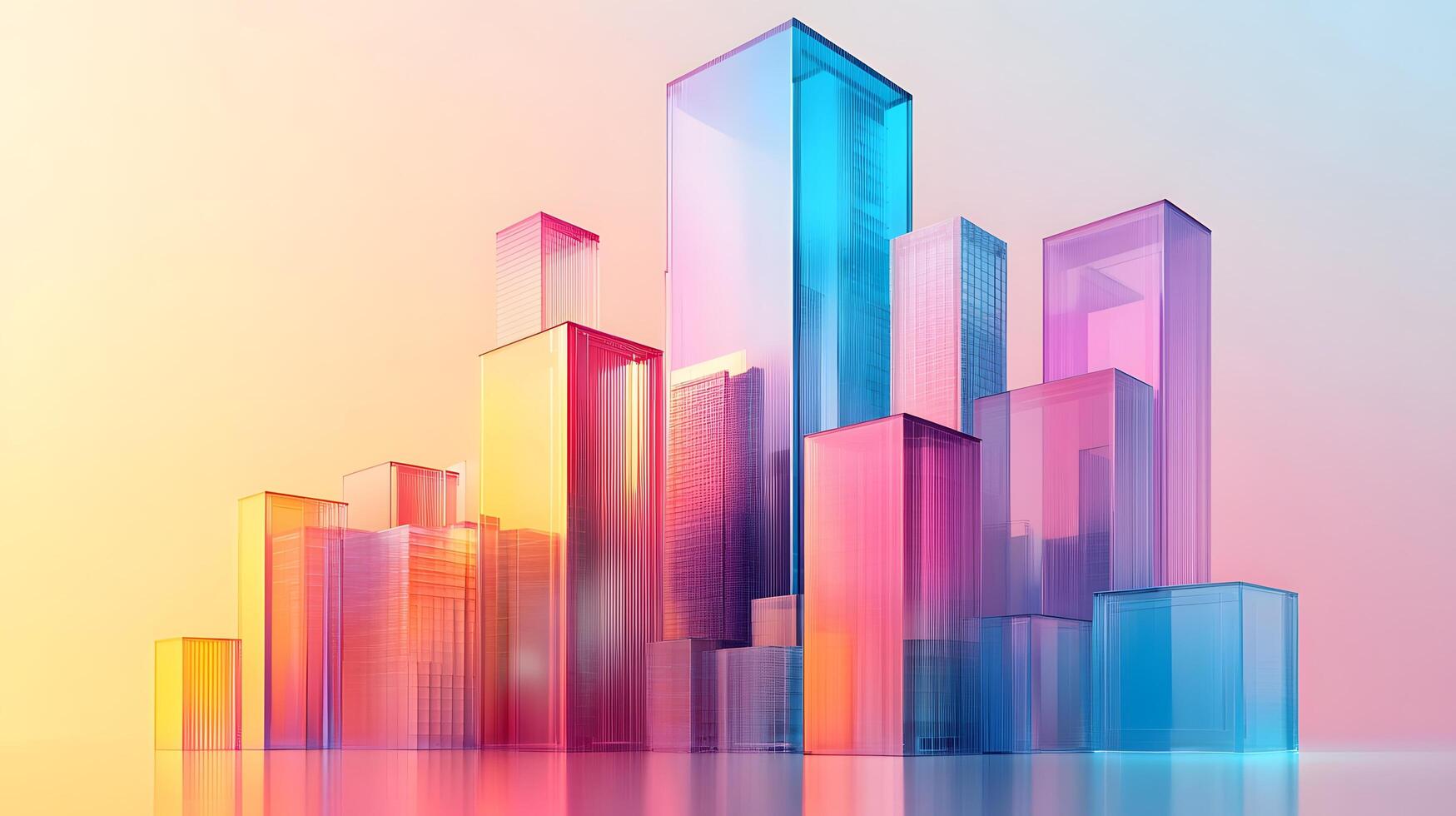 Isometric glass skyscrapers with translucent gradients transitioning from blue to pink, featuring modern geometric shapes and glowing edges on light beige background. modern photo