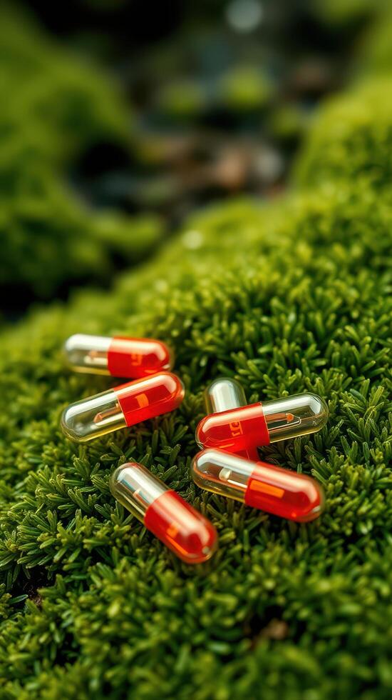 Red and orange capsules on the grass photo