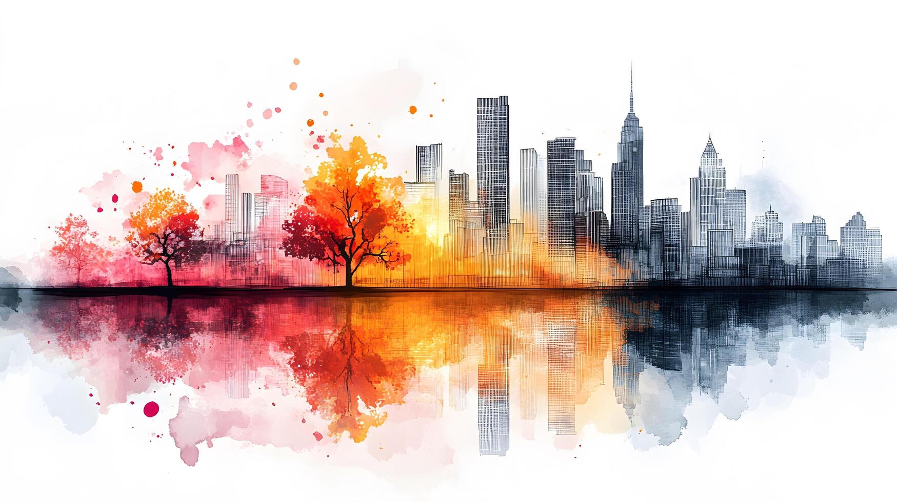 Architectural line art cityscape combined with watercolor splashes, featuring geometric linear drawings of modern buildings with water reflection and minimalist black lines. perspective photo