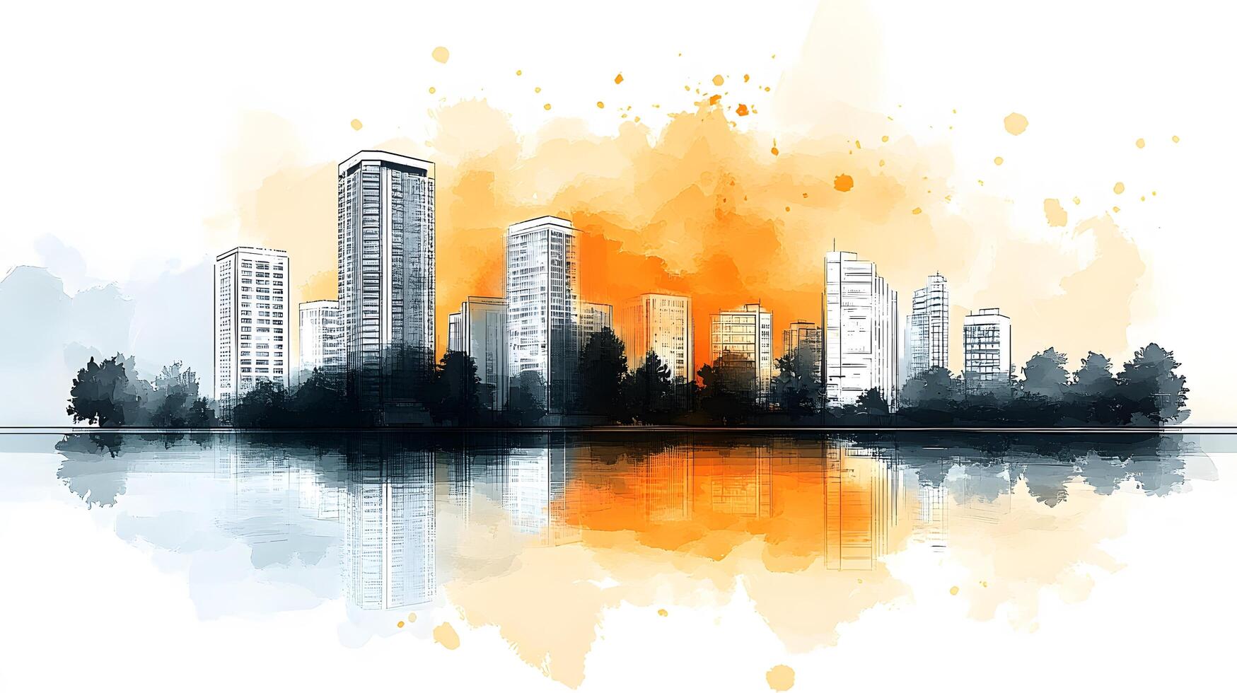 Architectural line art cityscape combined with watercolor splashes, featuring geometric linear drawings of modern buildings with water reflection and minimalist black lines. structure photo