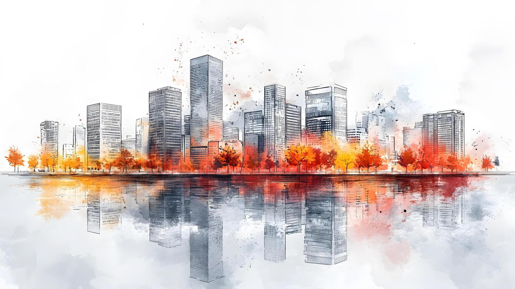 Architectural line art cityscape combined with watercolor splashes, featuring geometric linear drawings of modern buildings with water reflection and minimalist black lines. innovative photo