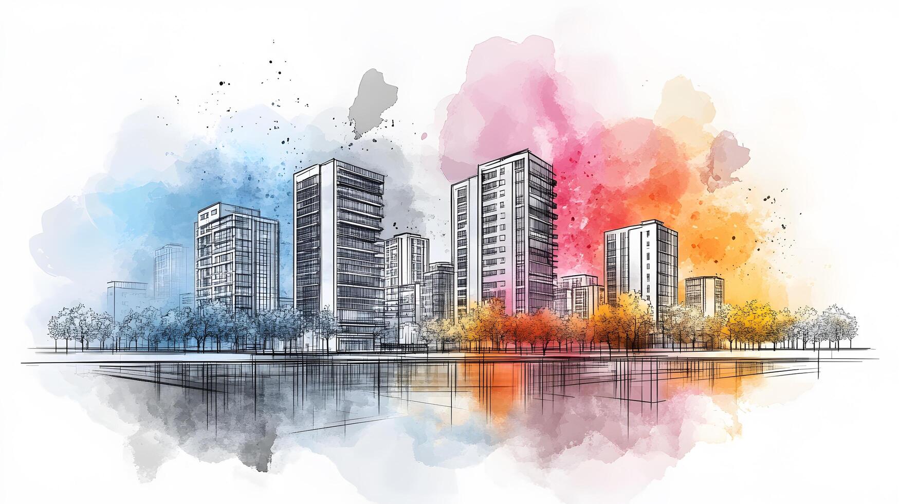 Architectural line art cityscape combined with watercolor splashes, featuring geometric linear drawings of modern buildings with water reflection and minimalist black lines. illustration photo