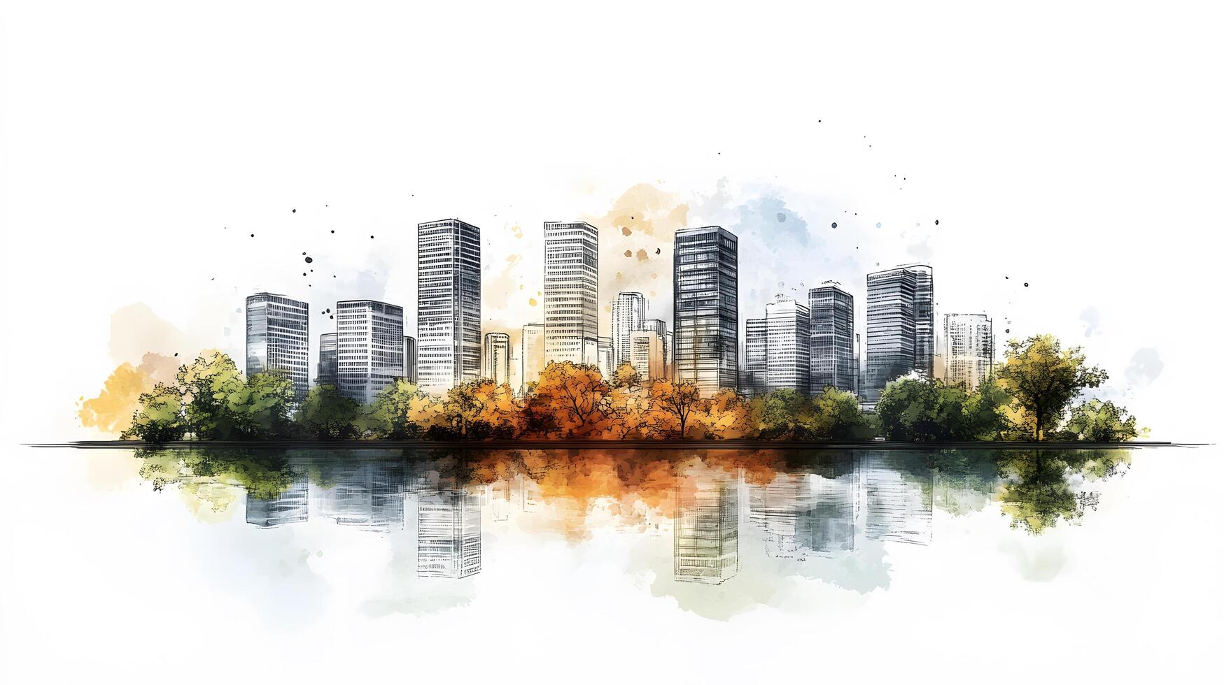 Architectural line art cityscape combined with watercolor splashes, featuring geometric linear drawings of modern buildings with water reflection and minimalist black lines. linear photo
