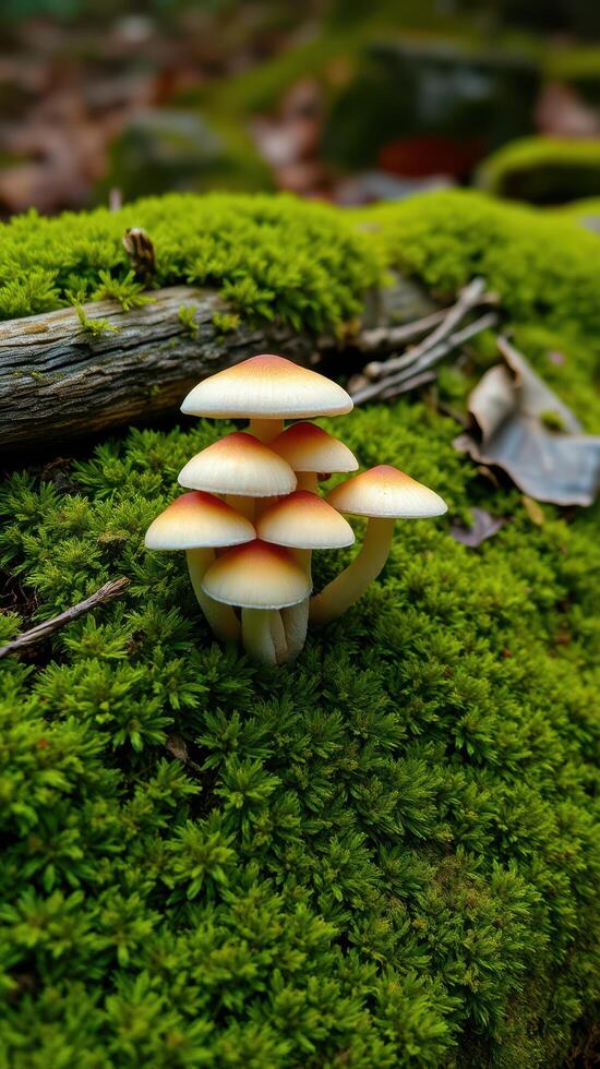 A group of mushrooms growing on a moss covered ground photo