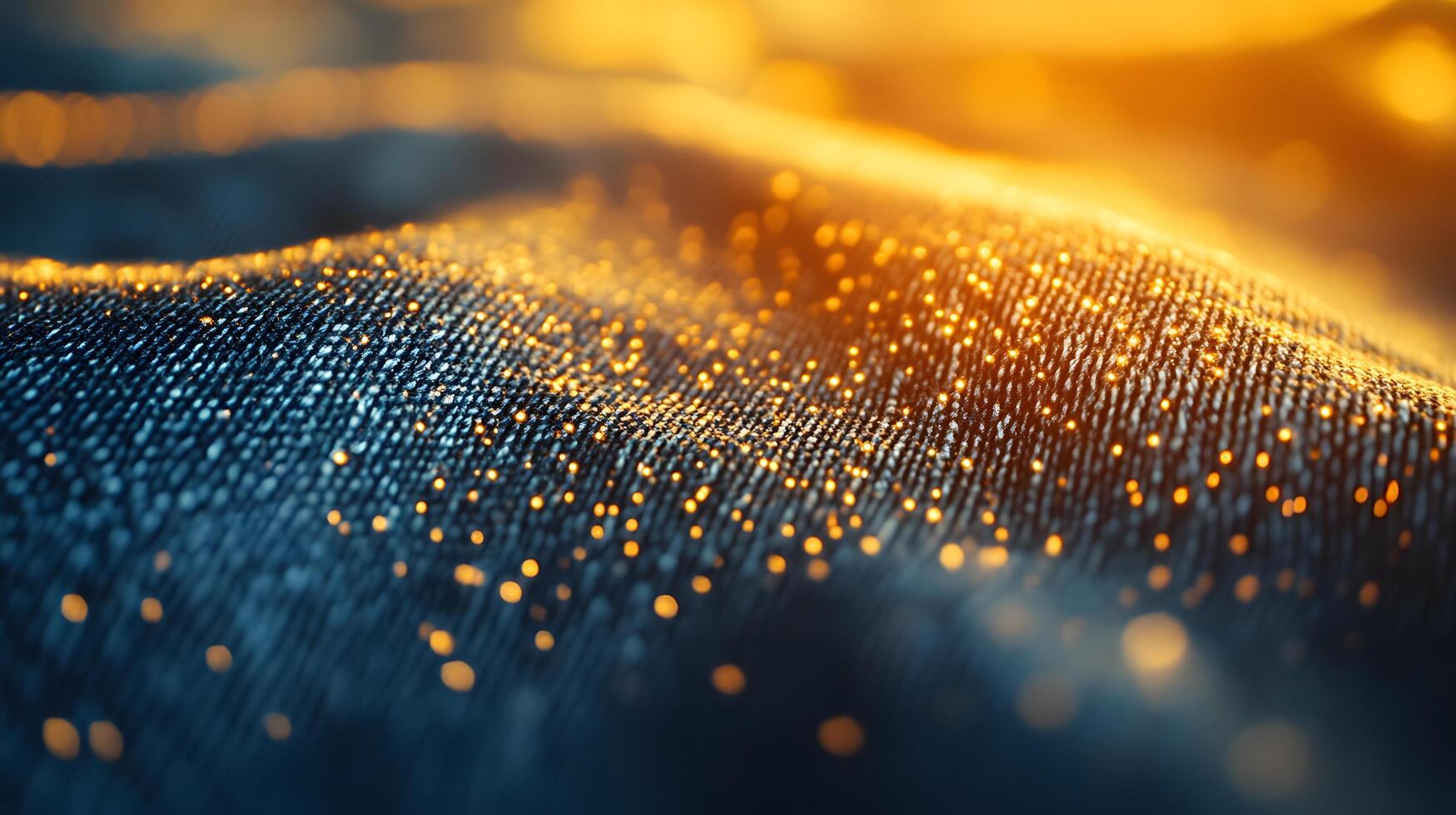 Macro shot of industrial sewing machine stitching denim, featuring golden thread and blue fabric texture with shallow depth of field showing precise manufacturing process. precision photo