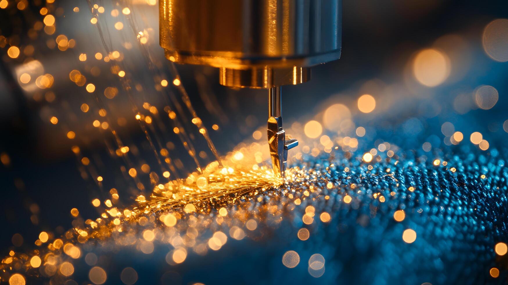 Macro shot of industrial sewing machine stitching denim, featuring golden thread and blue fabric texture with shallow depth of field showing precise manufacturing process. needle photo