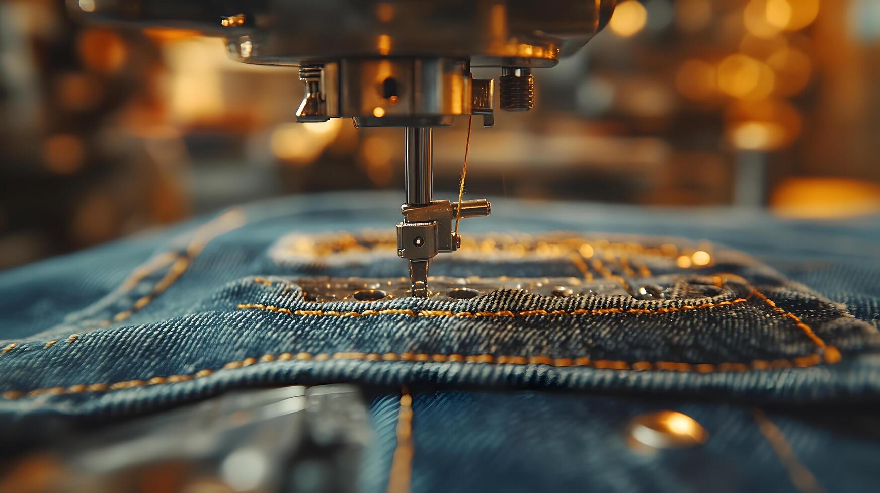 Macro shot of industrial sewing machine stitching denim, featuring golden thread and blue fabric texture with shallow depth of field showing precise manufacturing process. technique photo
