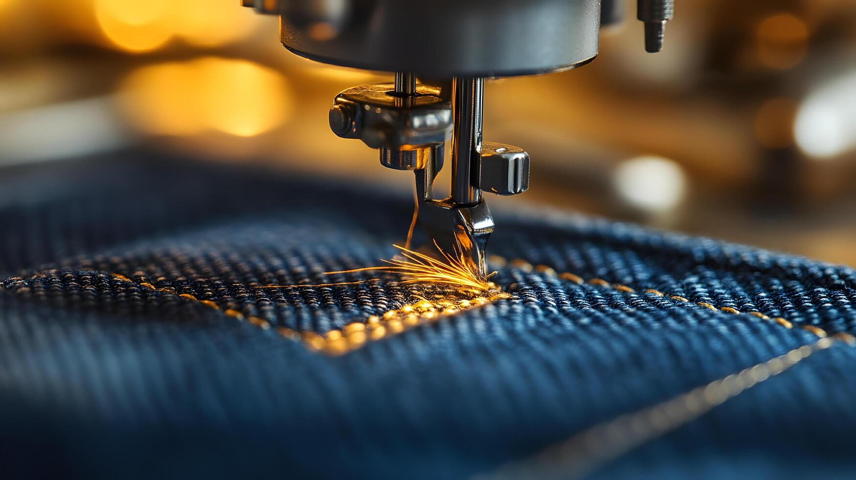 Macro shot of industrial sewing machine stitching denim, featuring golden thread and blue fabric texture with shallow depth of field showing precise manufacturing process. technology photo