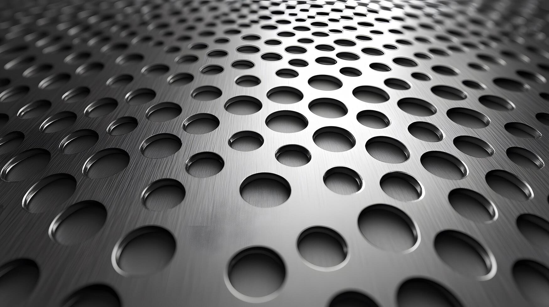 Industrial metallic surface with perforated circular pattern, displaying brushed aluminum texture and geometric grid design with polished chrome finish and professional lighting. metallic photo