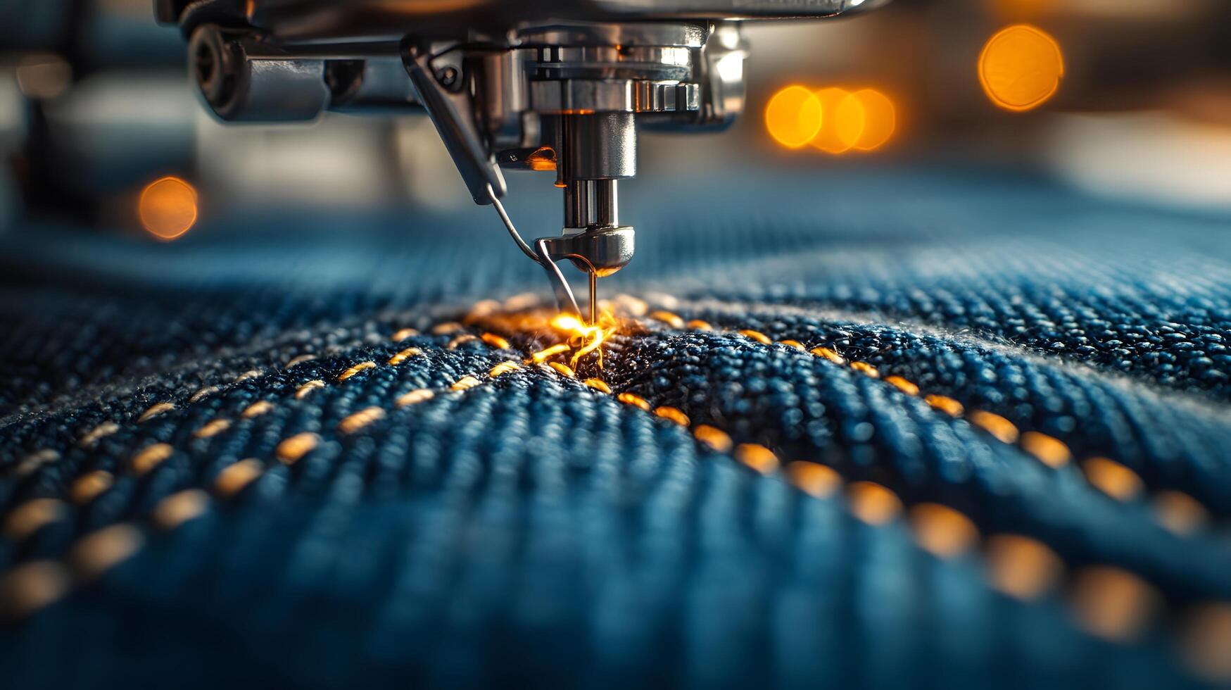 Macro shot of industrial sewing machine stitching denim, featuring golden thread and blue fabric texture with shallow depth of field showing precise manufacturing process. denim photo