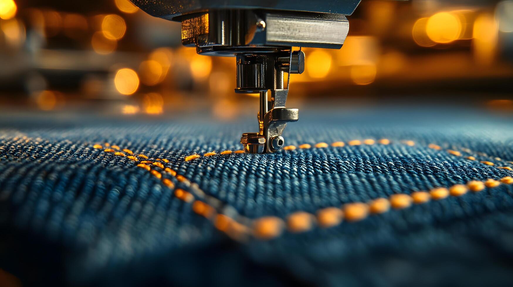 Macro shot of industrial sewing machine stitching denim, featuring golden thread and blue fabric texture with shallow depth of field showing precise manufacturing process. thread photo