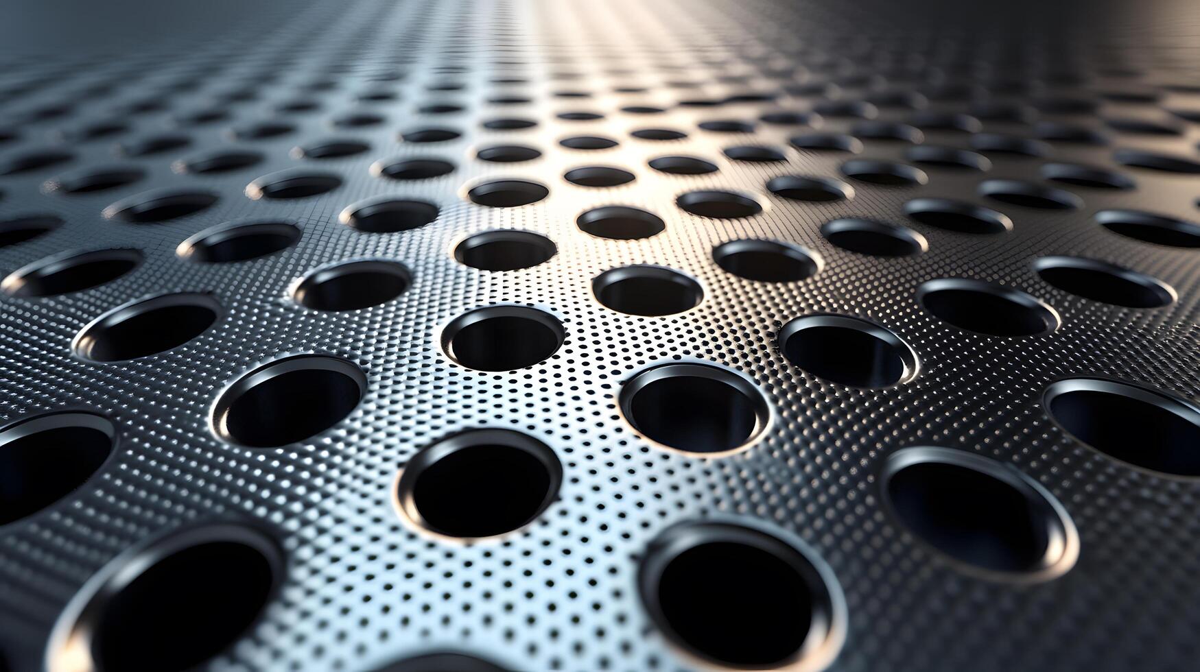 Industrial metallic surface with perforated circular pattern, displaying brushed aluminum texture and geometric grid design with polished chrome finish and professional lighting. grid photo