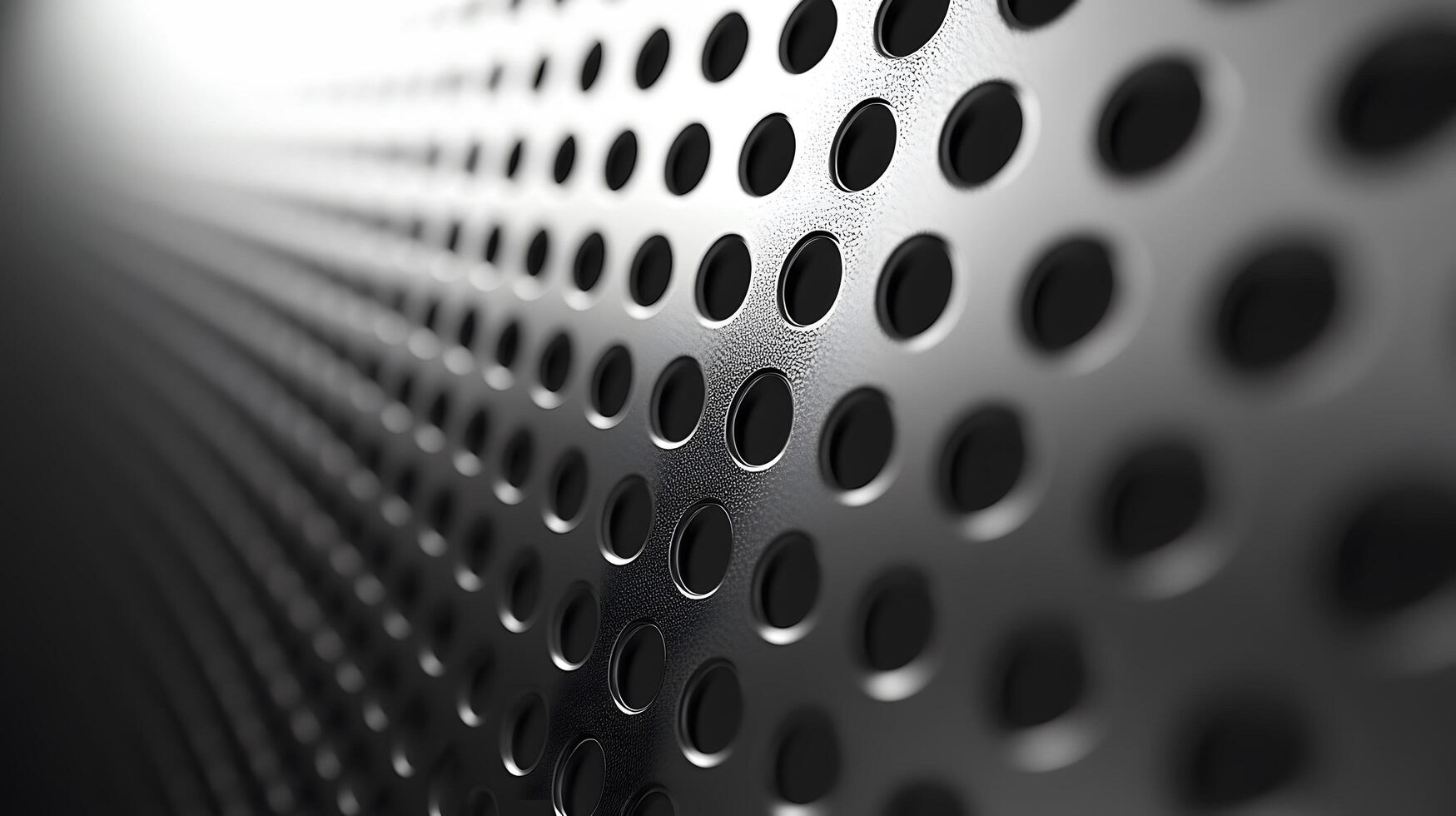 Industrial metallic surface with perforated circular pattern, displaying brushed aluminum texture and geometric grid design with polished chrome finish and professional lighting. industrial photo