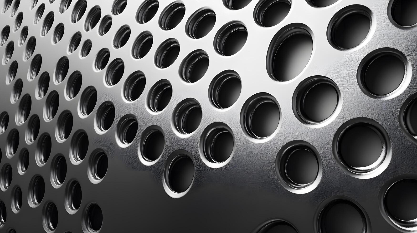 Industrial metallic surface with perforated circular pattern, displaying brushed aluminum texture and geometric grid design with polished chrome finish and professional lighting. texture photo