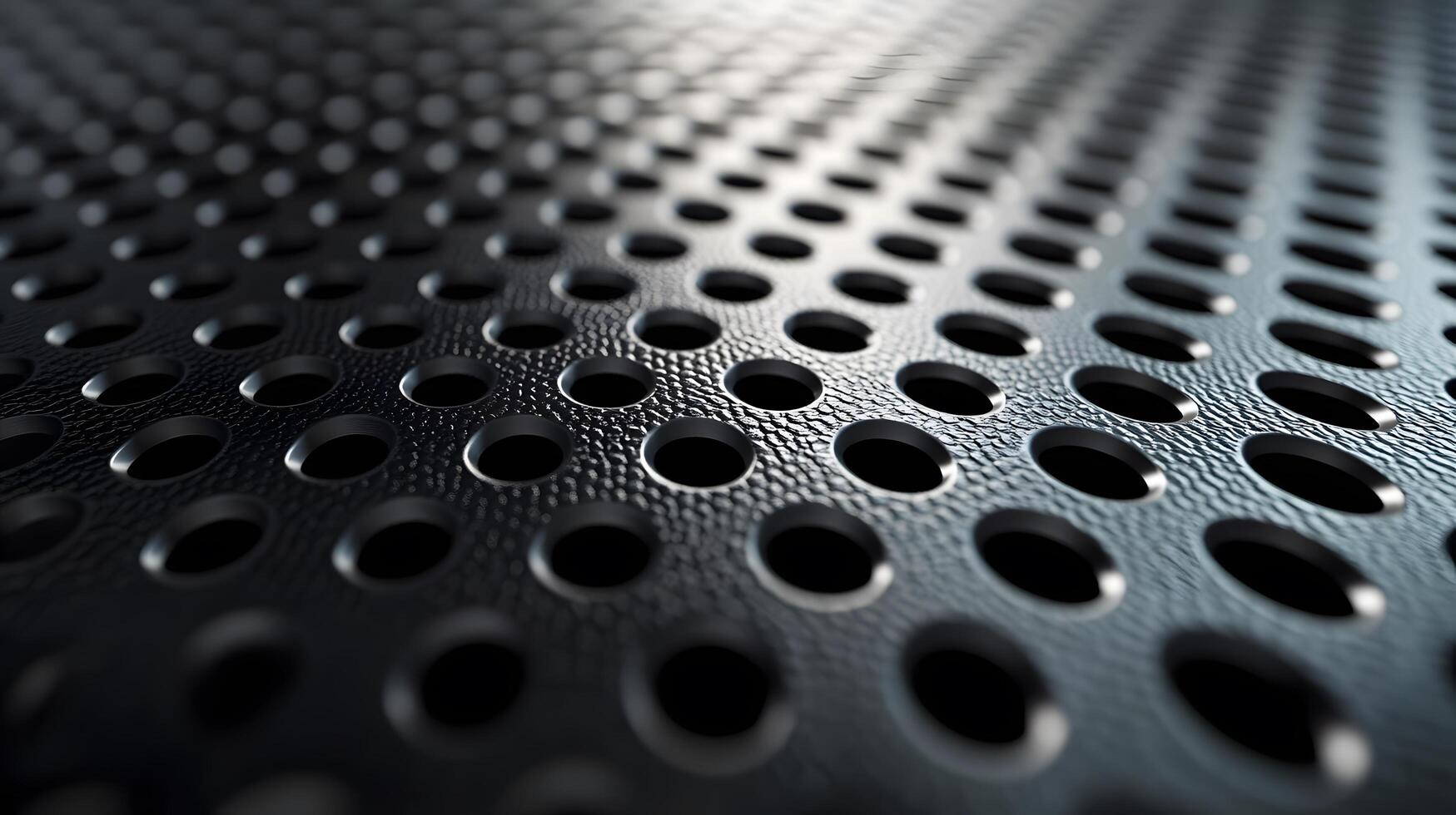 Industrial metallic surface with perforated circular pattern, displaying brushed aluminum texture and geometric grid design with polished chrome finish and professional lighting. manufacturing photo