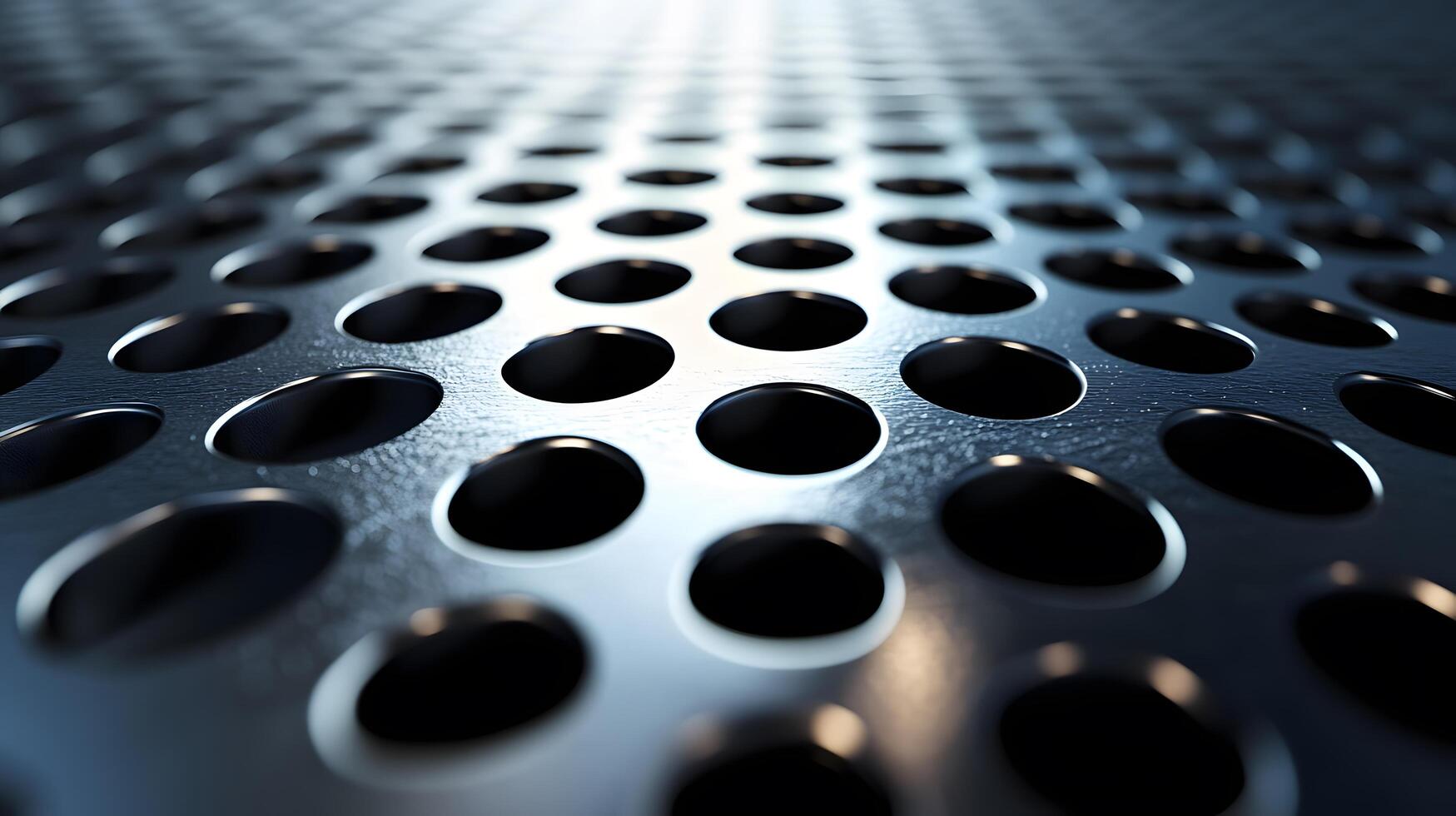 Industrial metallic surface with perforated circular pattern, displaying brushed aluminum texture and geometric grid design with polished chrome finish and professional lighting. precision photo