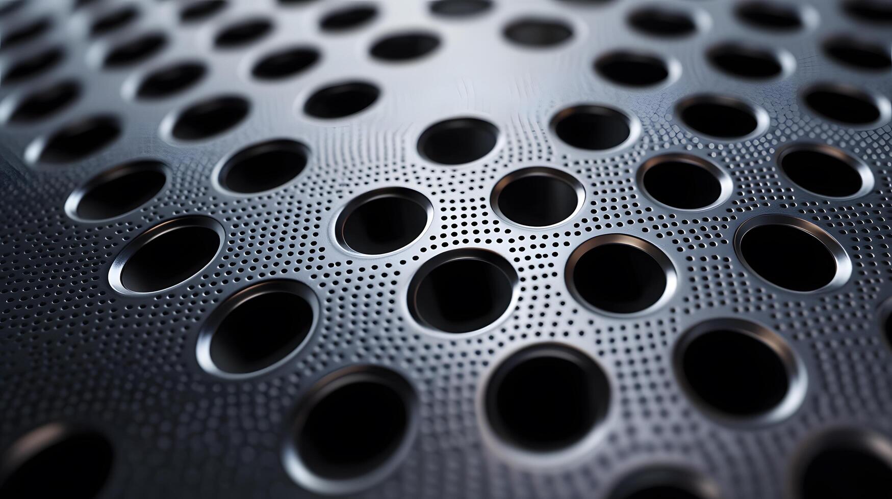 Industrial metallic surface with perforated circular pattern, displaying brushed aluminum texture and geometric grid design with polished chrome finish and professional lighting. technical photo
