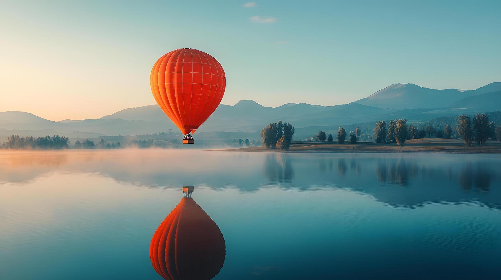 Hot air balloon floating above a mountain lake at dawn, capturing perfect reflection in calm waters with pastel sunrise colors and dreamy morning mist in a panoramic view. journey photo
