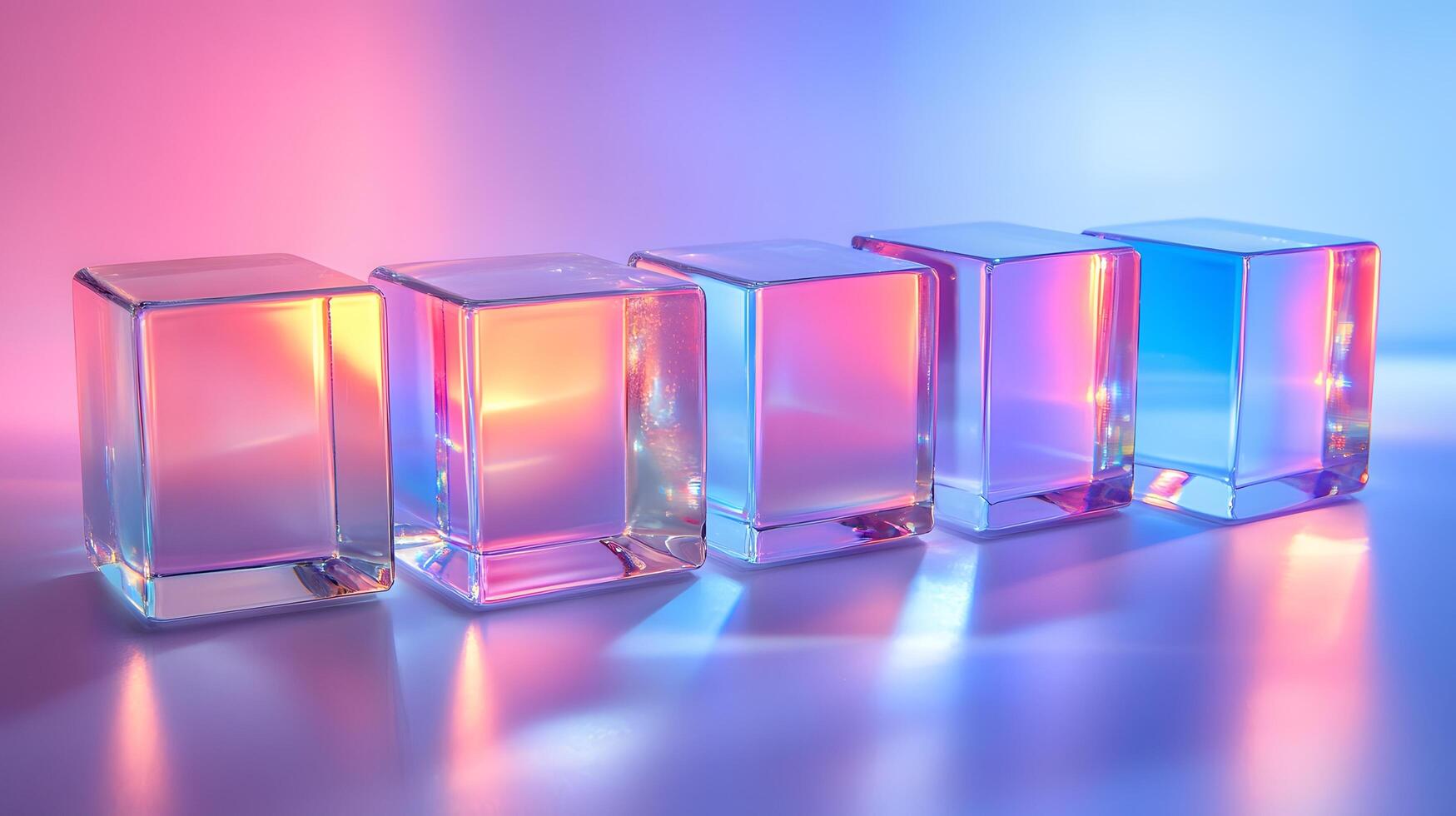Transparent glass cubes arranged in a row displaying iridescent reflections and holographic effects, illuminated by pink and blue gradient lighting on a white background. crystal photo