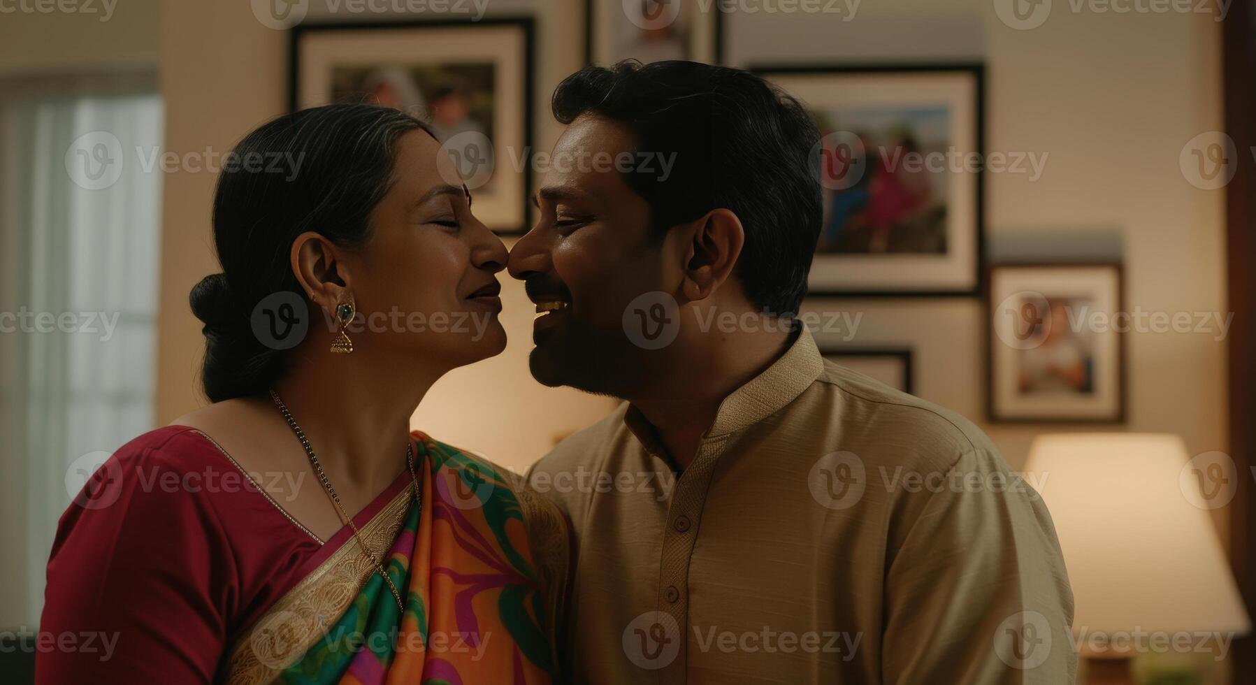 Happy south asian couple in traditional attire sharing a loving moment at home photo