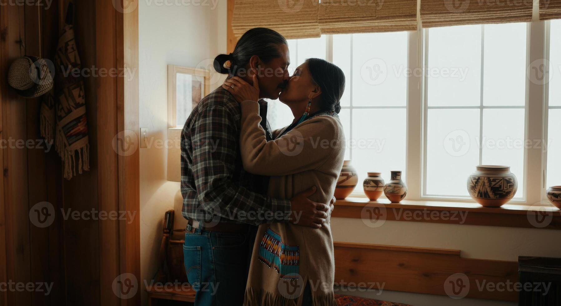 Intimate moment between native american couple in cozy home interior photo