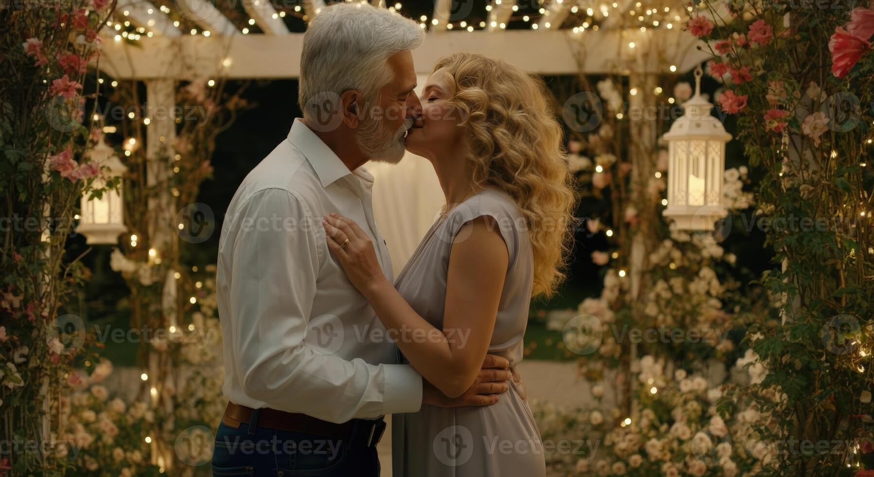 Romantic evening embrace of mature caucasian couple in floral garden setting photo