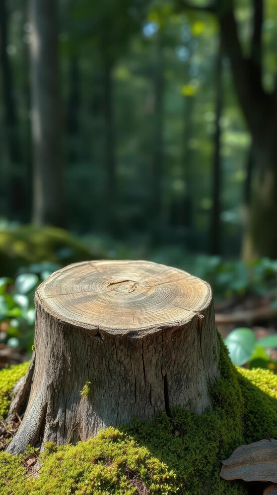 A stump in the middle of a forest with moss photo