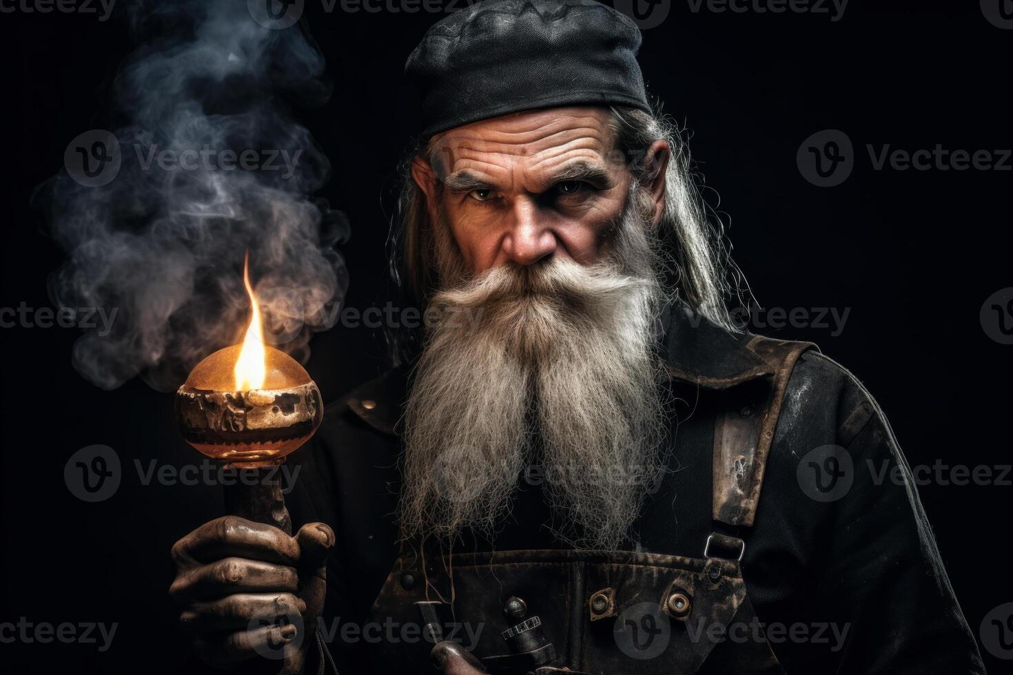 Senior blacksmith holding a burning torch in the dark photo