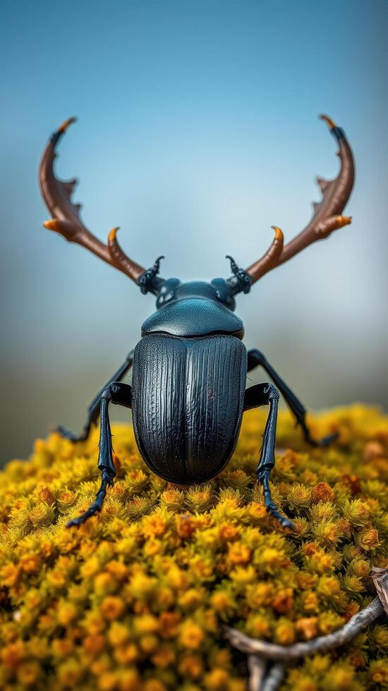 A black beetle with antlers sitting on top of a green moss photo