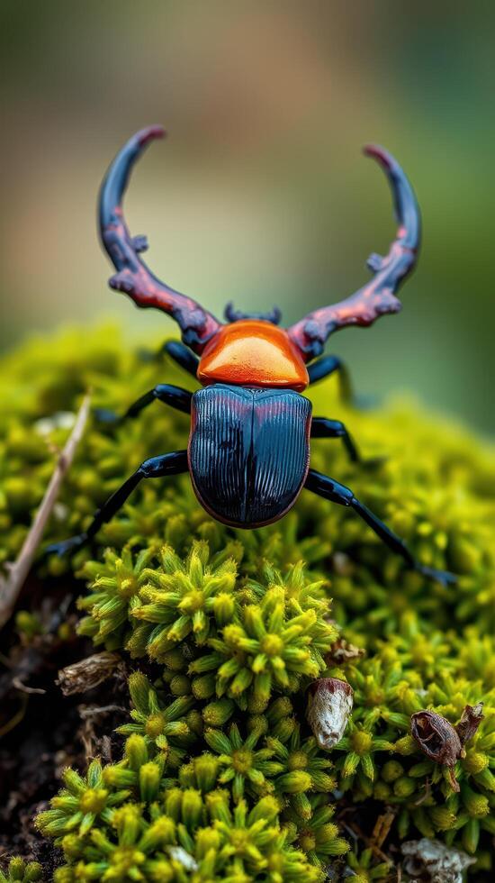A red and black beetle with orange wings sitting on top of moss photo