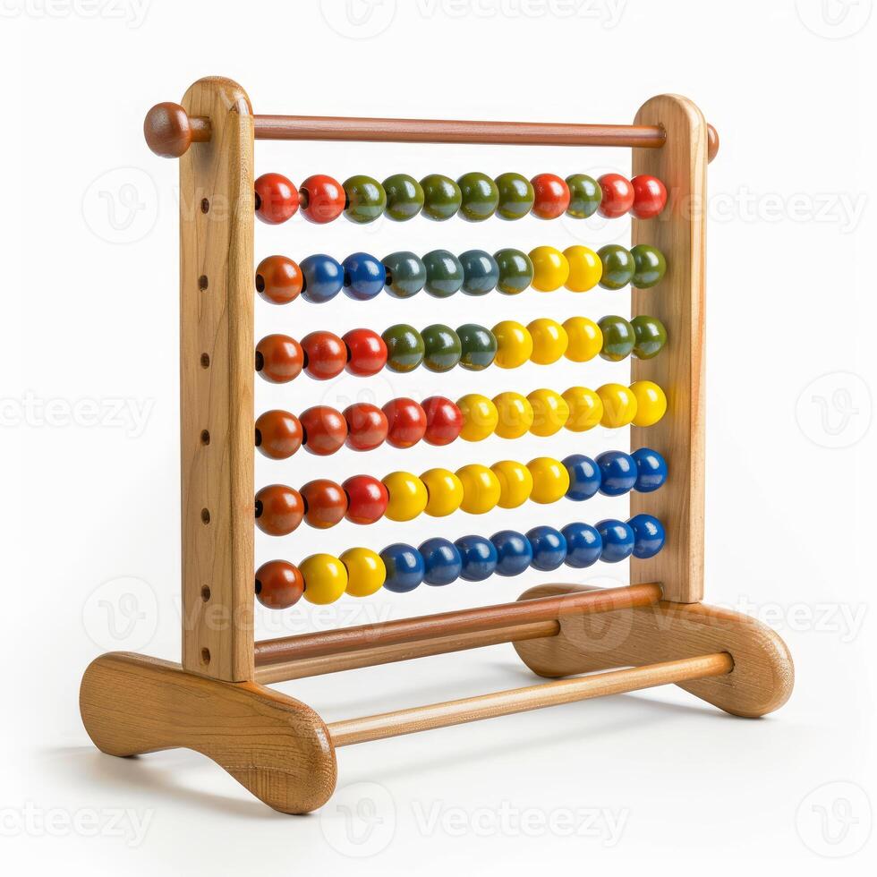 Wooden abacus showing colorful beads for counting and math education photo