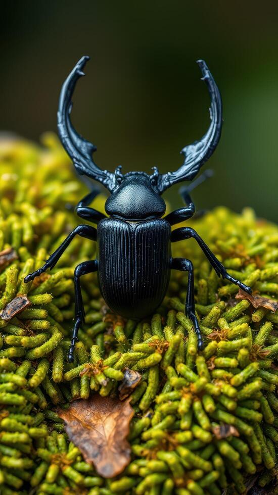 A black beetle with large horns sitting on top of green moss photo