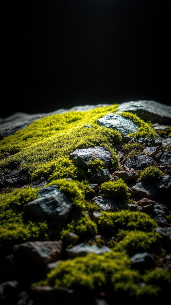 A moss covered rock with a light shining on it photo