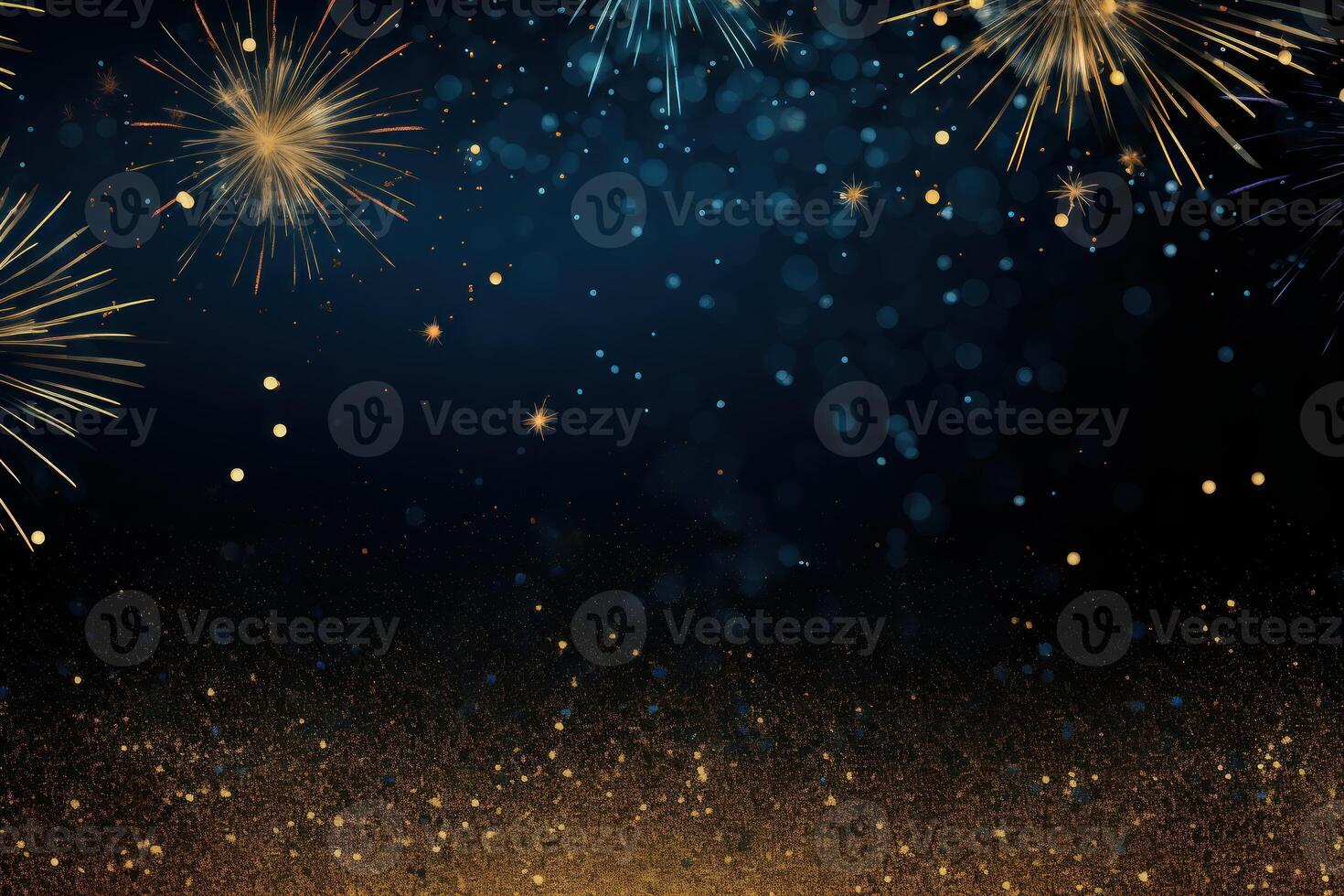 Golden fireworks exploding over a glittering golden surface at night photo