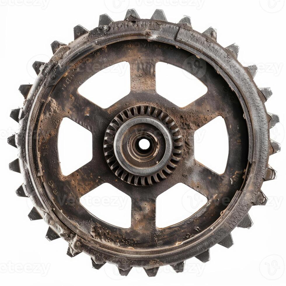 Large rusty mechanical gear wheel rotating on white background photo