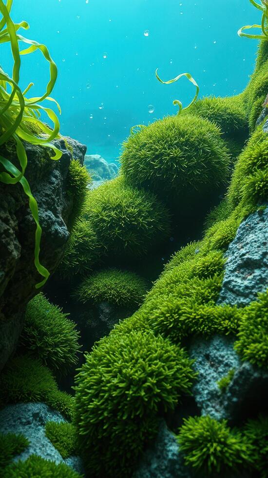A green algae covered rock wall in the ocean photo