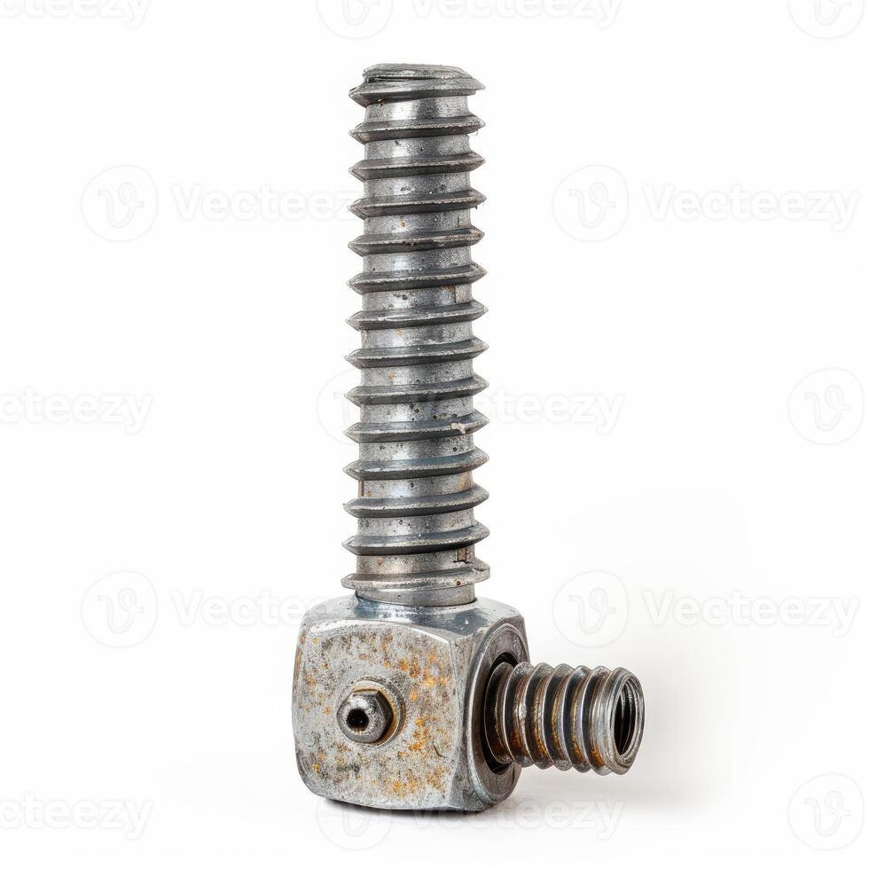 Large metallic lead screw with trapezoidal threads and square nut isolated on white background photo