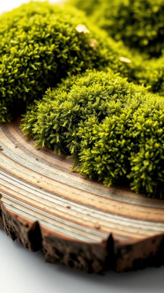 A mossy green plant on a wooden plate photo