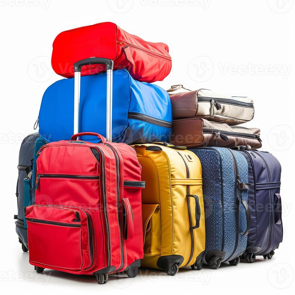 Colorful luggage stacked for travel and vacationing photo