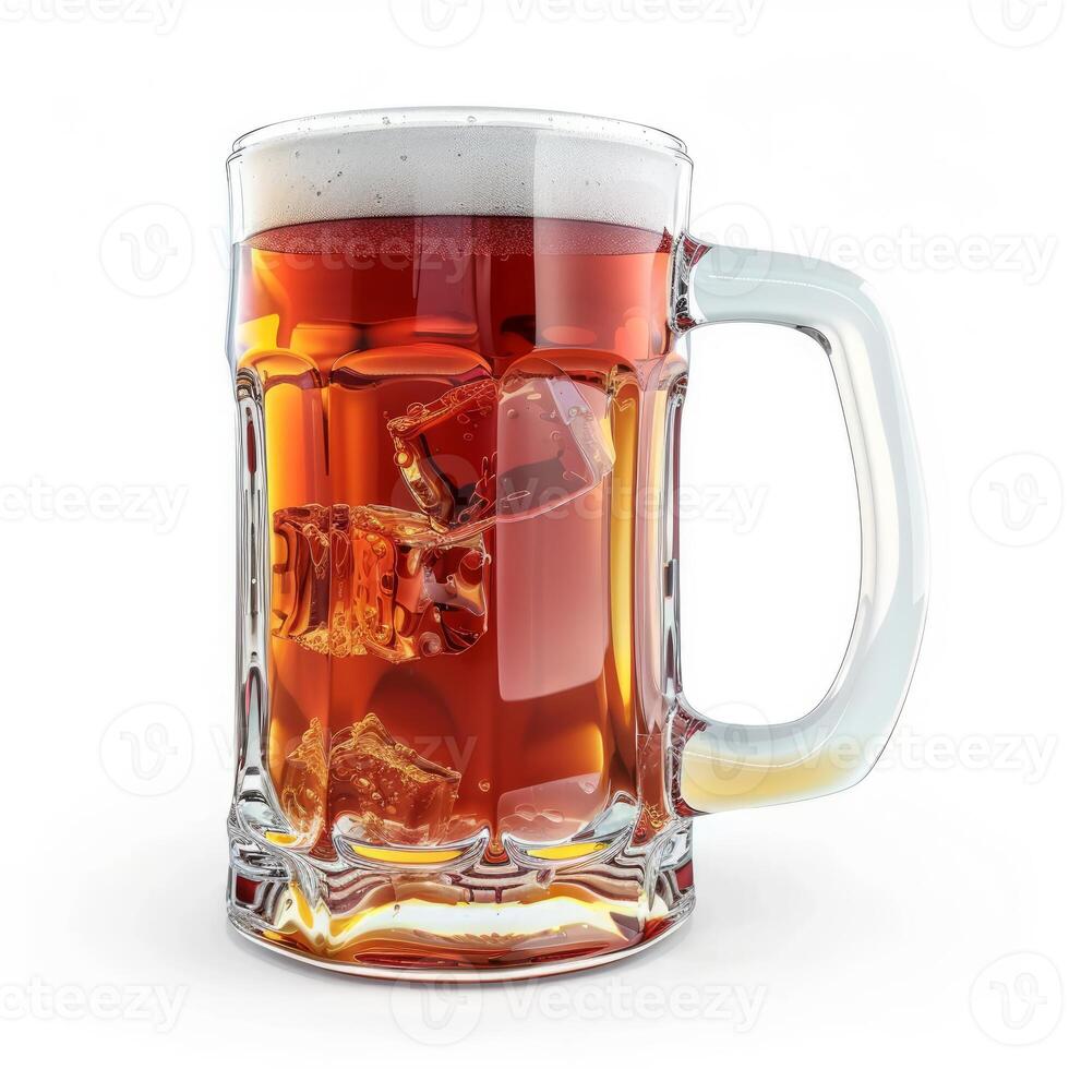 Refreshing beer with ice cubes in glass mug on white background photo
