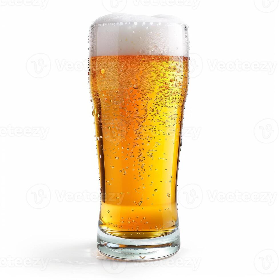 Refreshing light beer with condensation and foam head in glass on white background photo