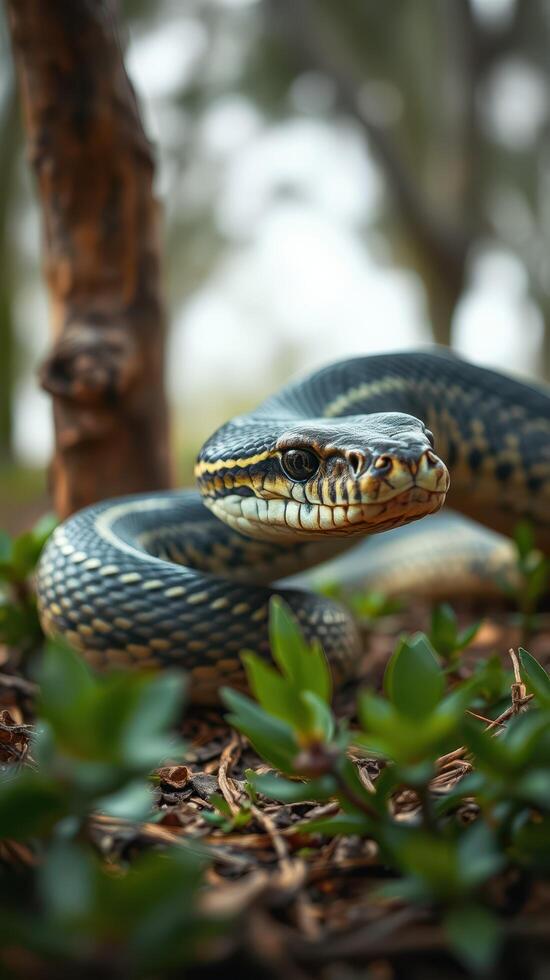 A snake is sitting on the ground near some plants photo