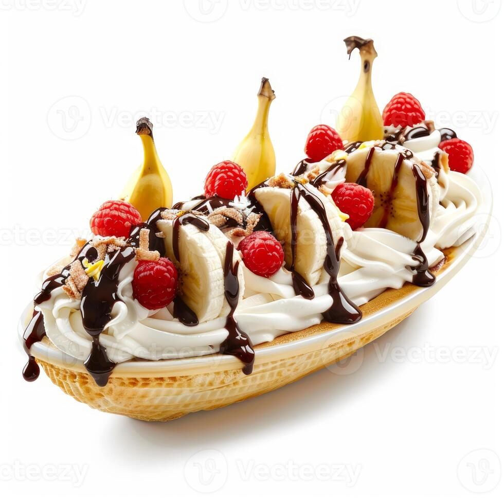 Banana split sundae drizzled with chocolate syrup and topped with raspberries and whipped cream photo