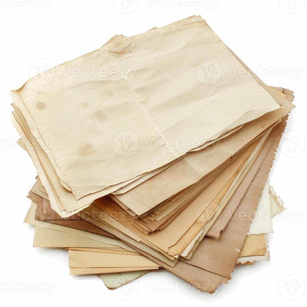 Stack of folded and stained old papers on white background photo