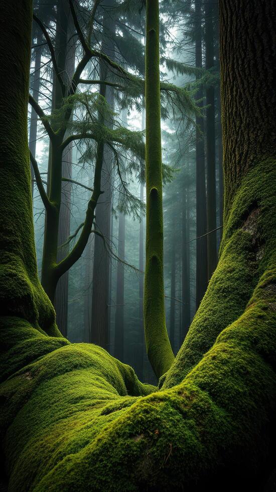 A moss covered tree trunk in a forest photo