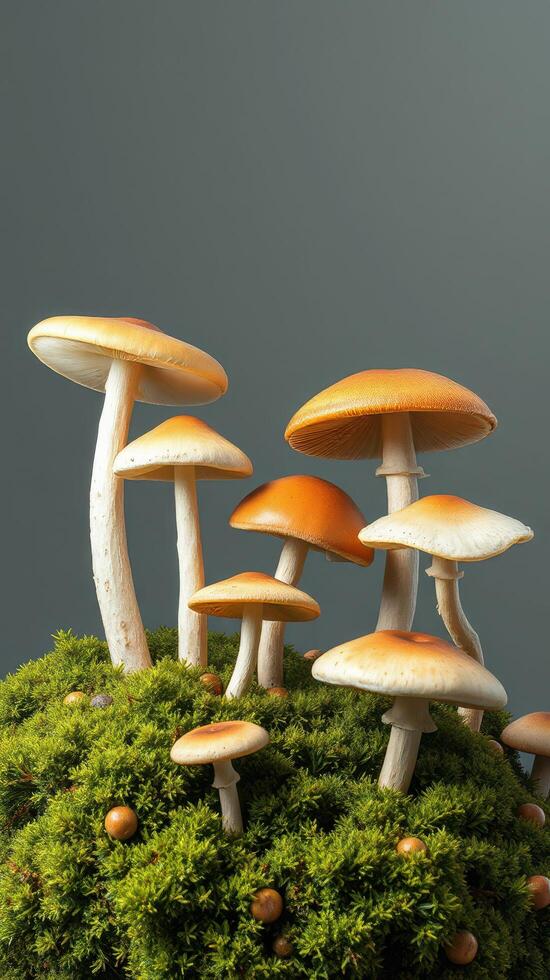 A group of mushrooms on top of a green moss photo