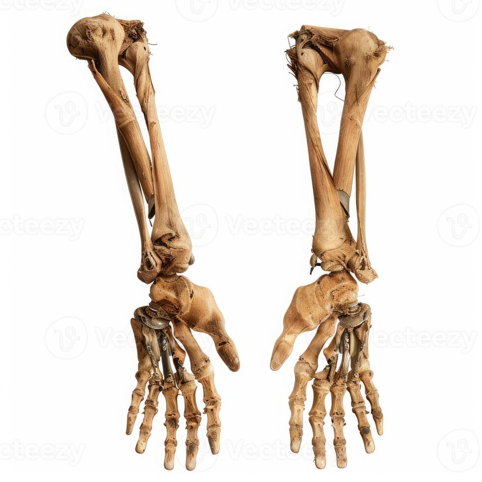 Real human skeleton arms showing radius ulna carpals metacarpals and phalanges photo