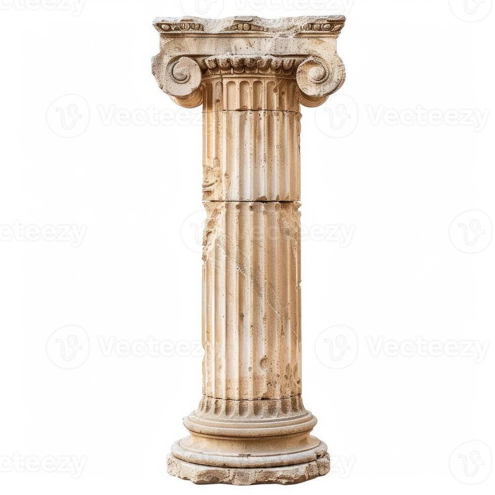 Old damaged ionic column isolated on white background photo