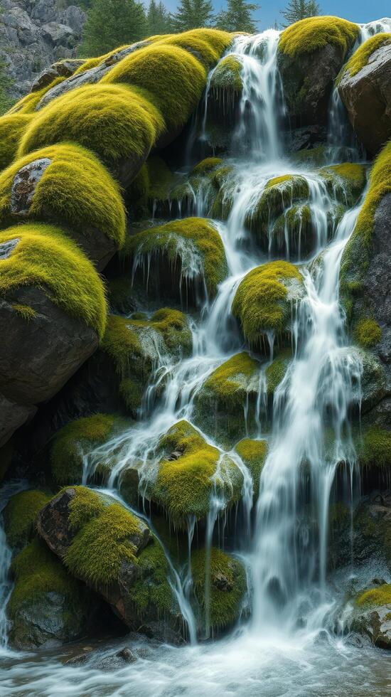 A waterfall flowing over rocks in a green forest photo