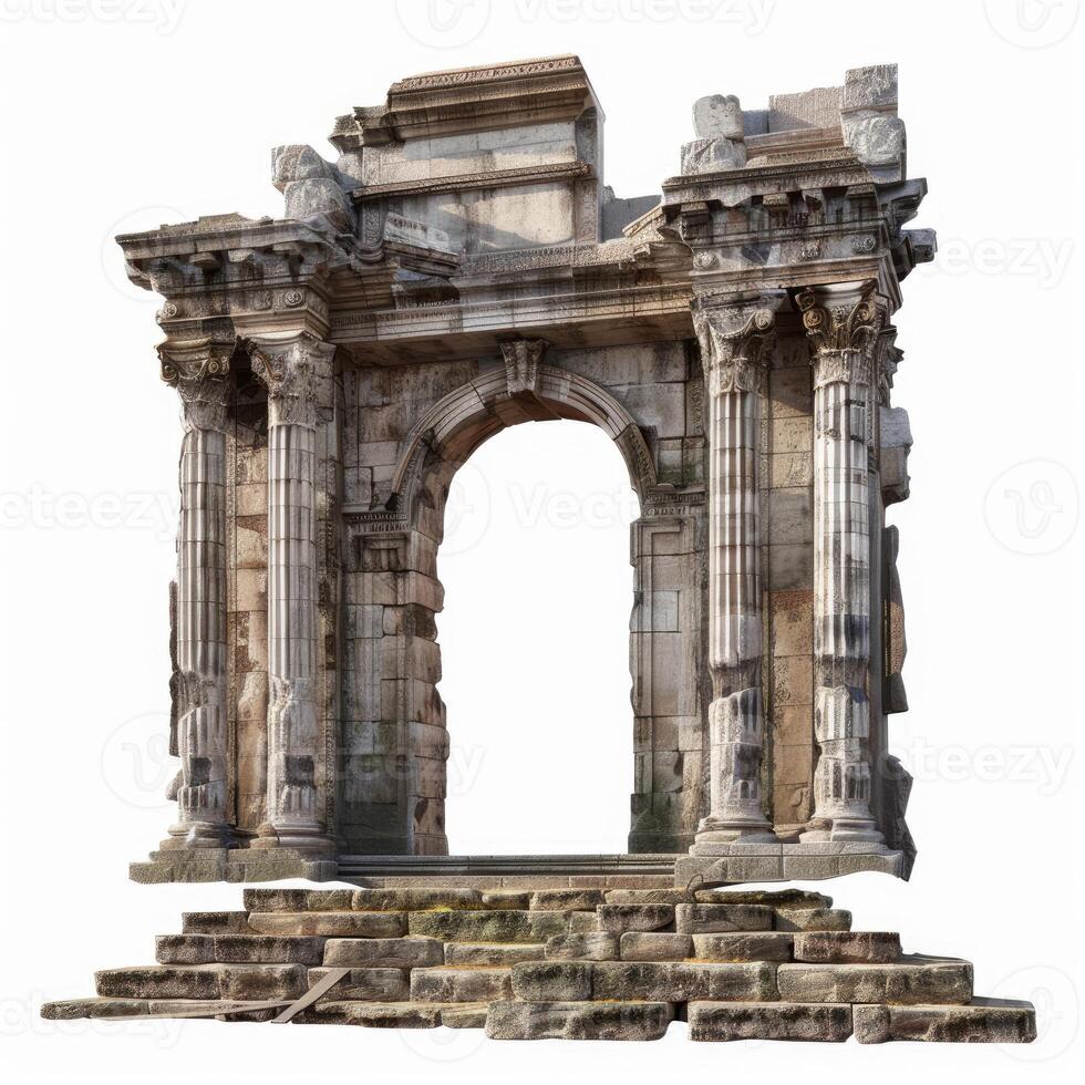 Majestic ruins of ancient arch standing tall against white background photo